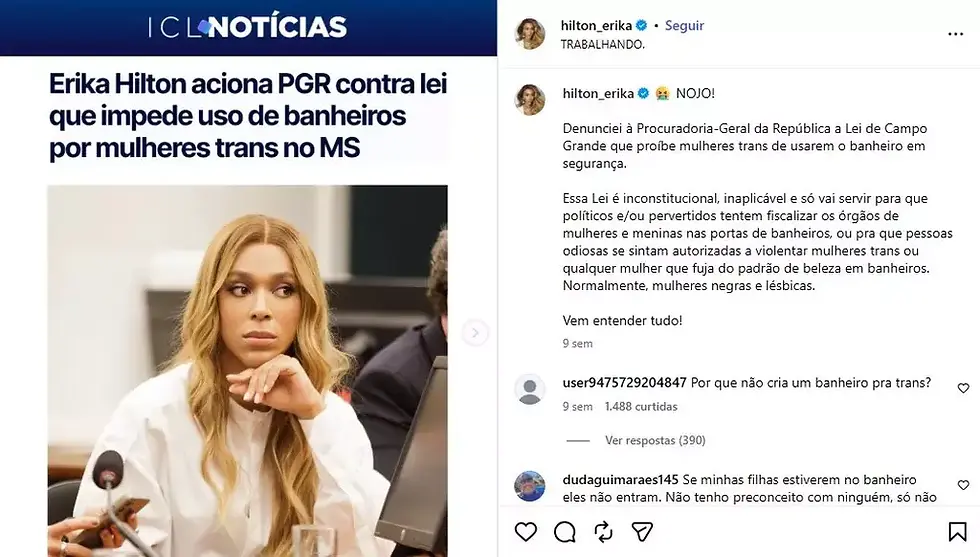 Adriane processa Érika Hilton por crítica à lei que proíbe trans em banheiro