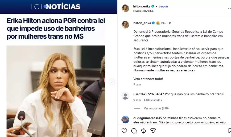 Adriane processa Érika Hilton por crítica à lei que proíbe trans em banheiro