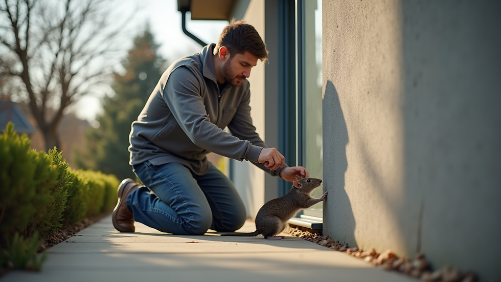 Eye-level view of a professional inspecting a building exterior for rodent entry points