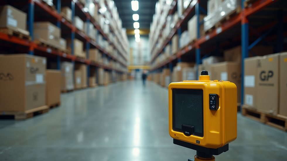 Eye-level view of pest control equipment and monitoring traps in a commercial warehouse