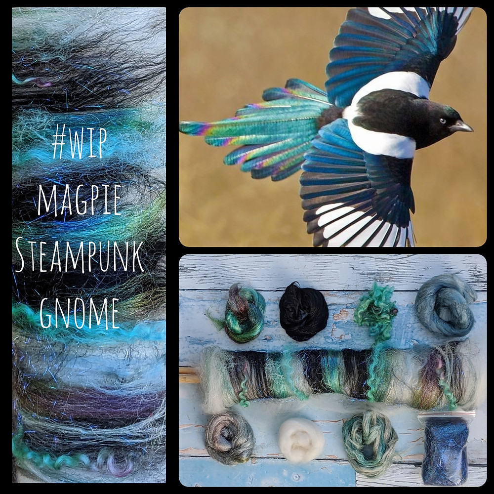 Gnomes for your homes work in progress for magpie gnome using sparkling blues, greens and purple. Paired with black, white and grey mint, bamboo, and linen fibers. White Targee wool and hand dyed Wensleydale locks.