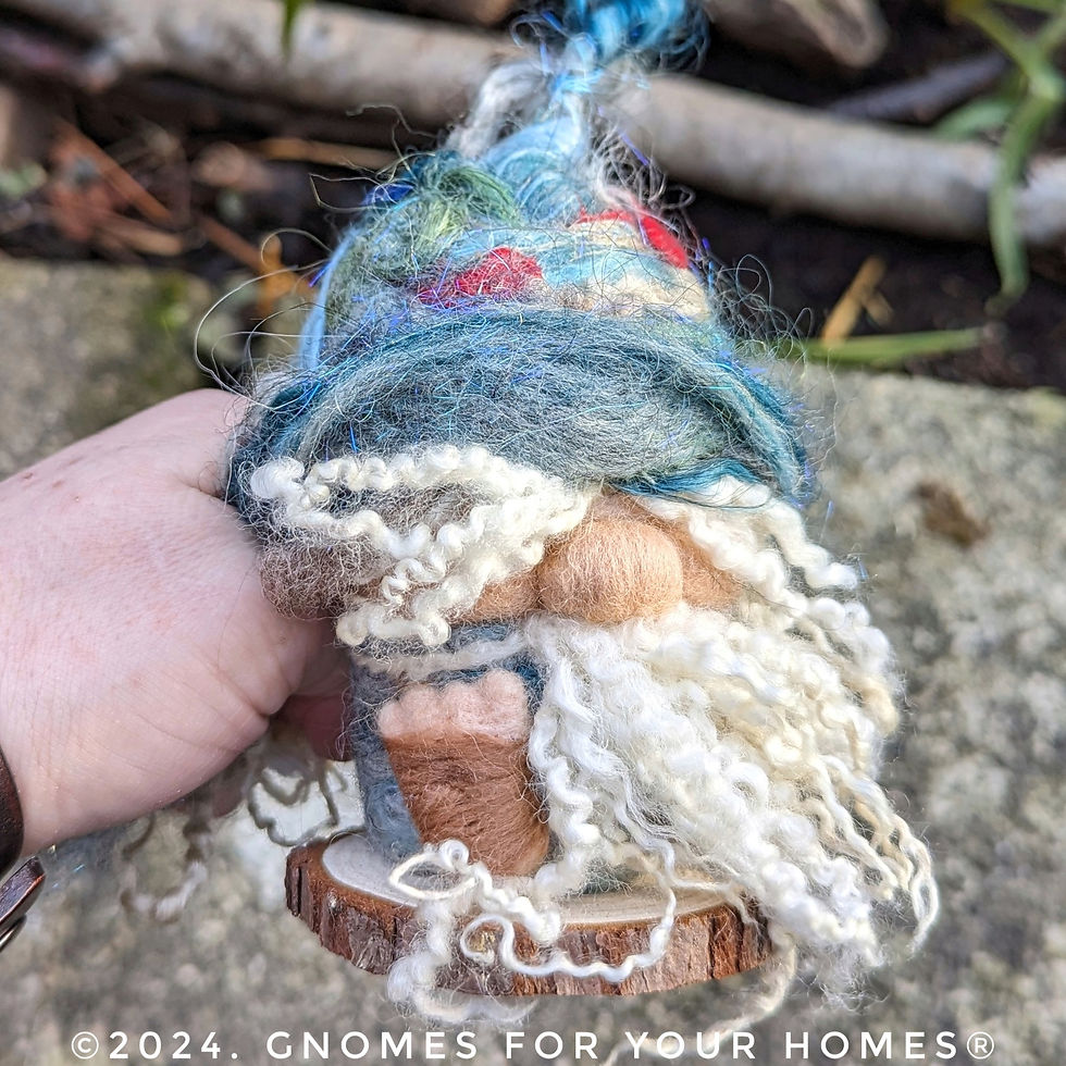 Thumbnail: hand felted gnome with white locks.  He wears a blue, grey and red hat with a curly sprout on his hat.