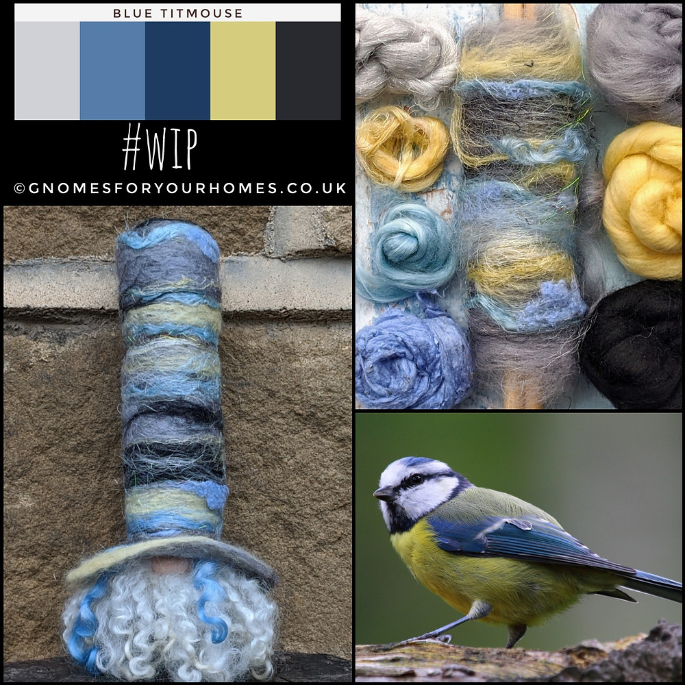 Gnomes for your homes, Barry the Blue Titmouse gnome with blue, yellow, grey and black top hat