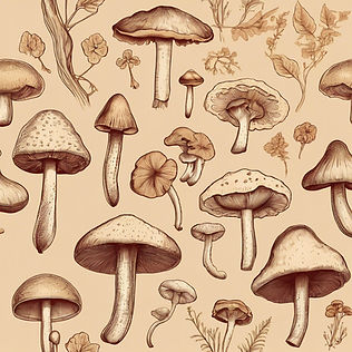 Hand-drawn scientific drawings of mushrooms and other plants on a beige background that lo