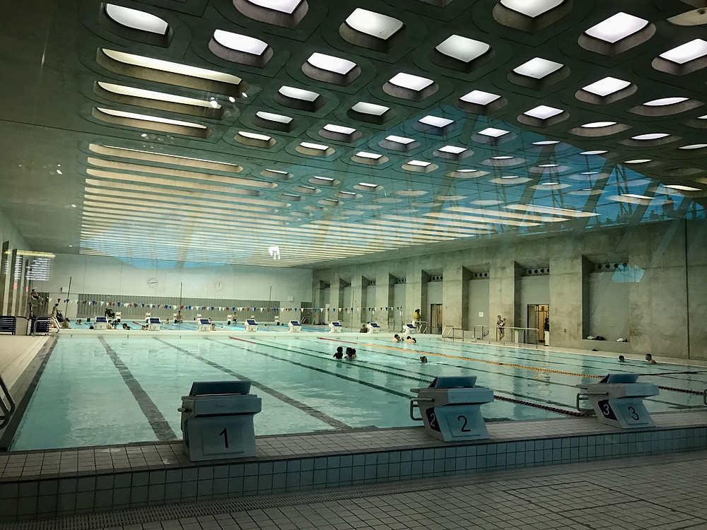 A large indoor swimming pool at London Aquatics Centre