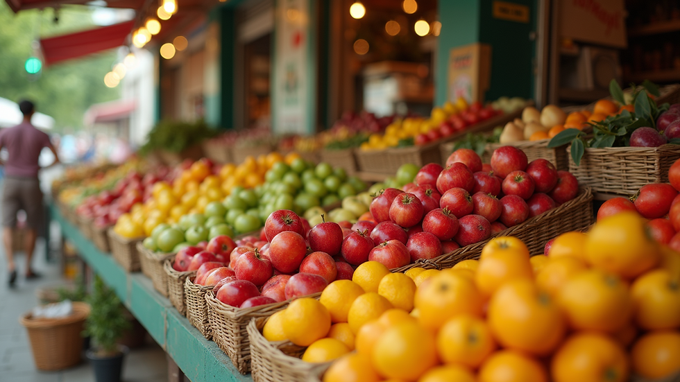 Wide angle view of a vibrant summer fruit market filled with fresh produce