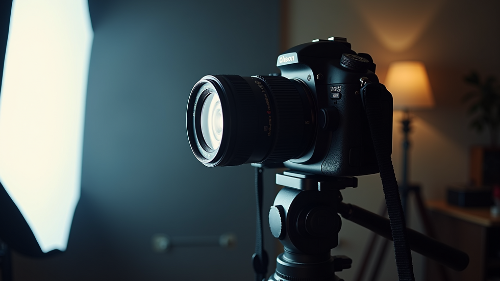 Close-up view of a DSLR camera on a tripod with softbox lighting in the background
