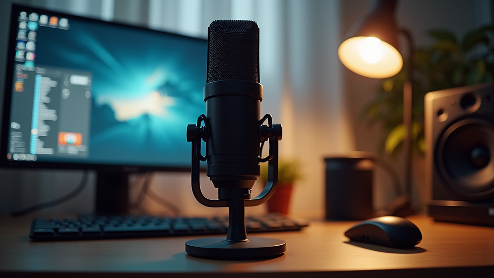 Eye-level view of a modern content creator’s desk with microphone and camera setup