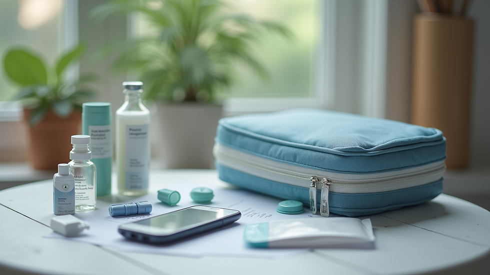 Eye-level view of a diabetes management kit with essential supplies