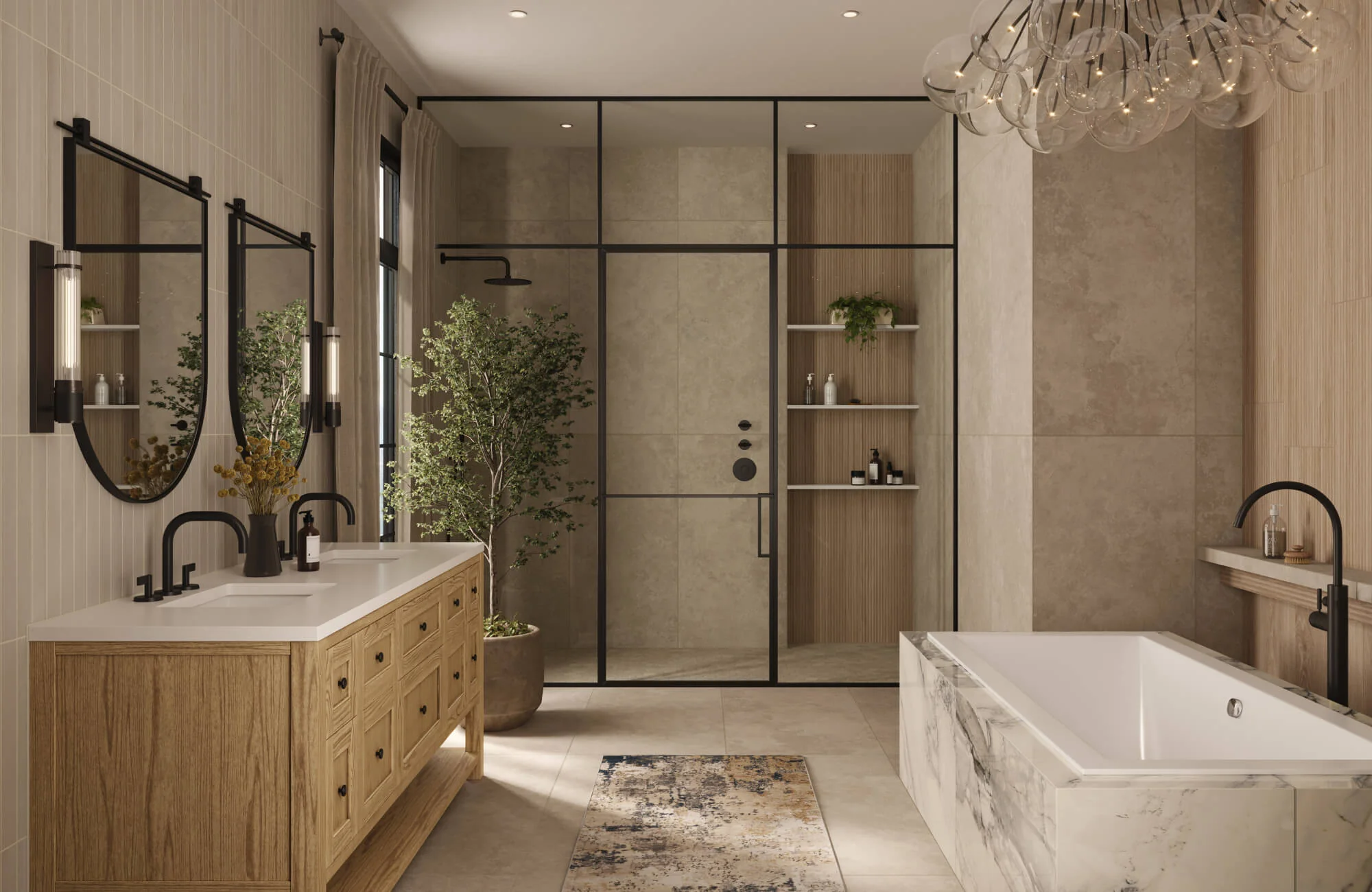 Modern bathroom renovation with glass shower enclosure, wood vanity, soaking bathtub, and neutral tile design