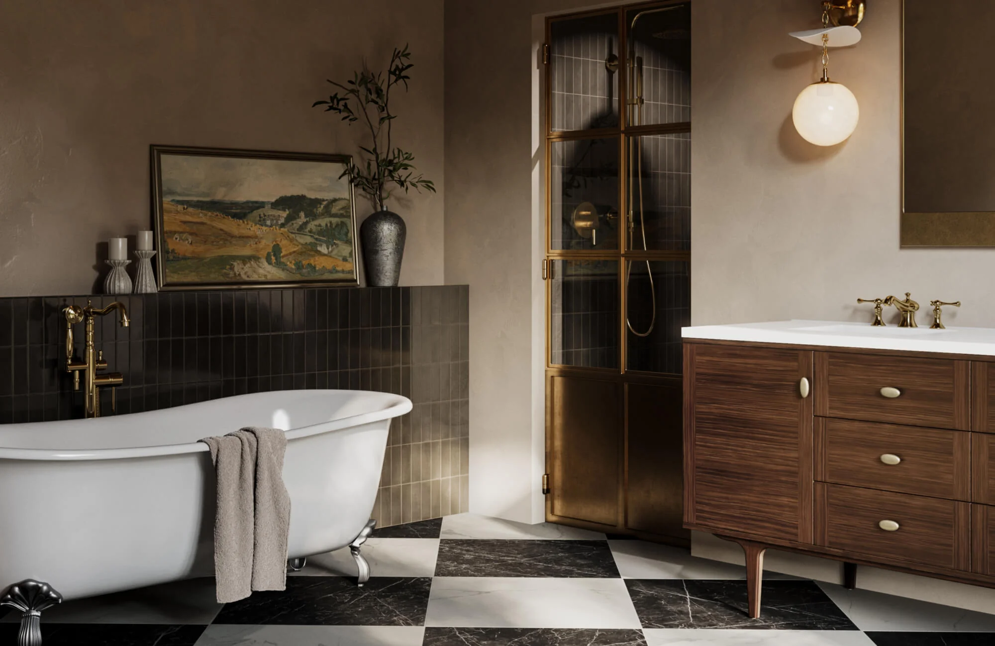 Luxury bathroom renovation with freestanding bathtub, wood vanity, brass shower enclosure, and modern tile flooring