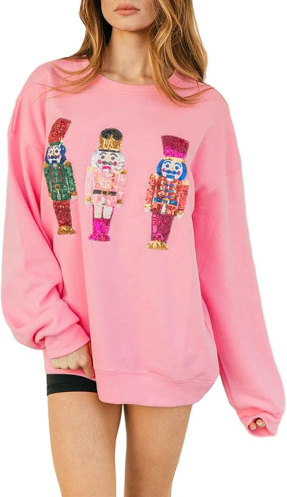 Women Cute Glitter Holiday Top Funny Graphic Oversized Pullover
