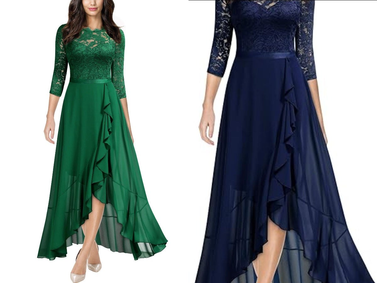 Women's Elegant Scoop Neck Floral Lace Formal Wedding Maxi Dress