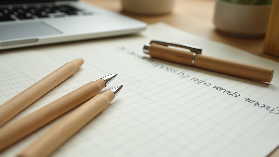 Close-up view of eco-friendly office supplies including recycled paper and bamboo pens