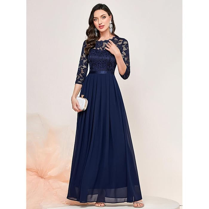 Women's Elegant Floral Lace 3/4 Sleeve Bridesmaid Formal Maxi Dress