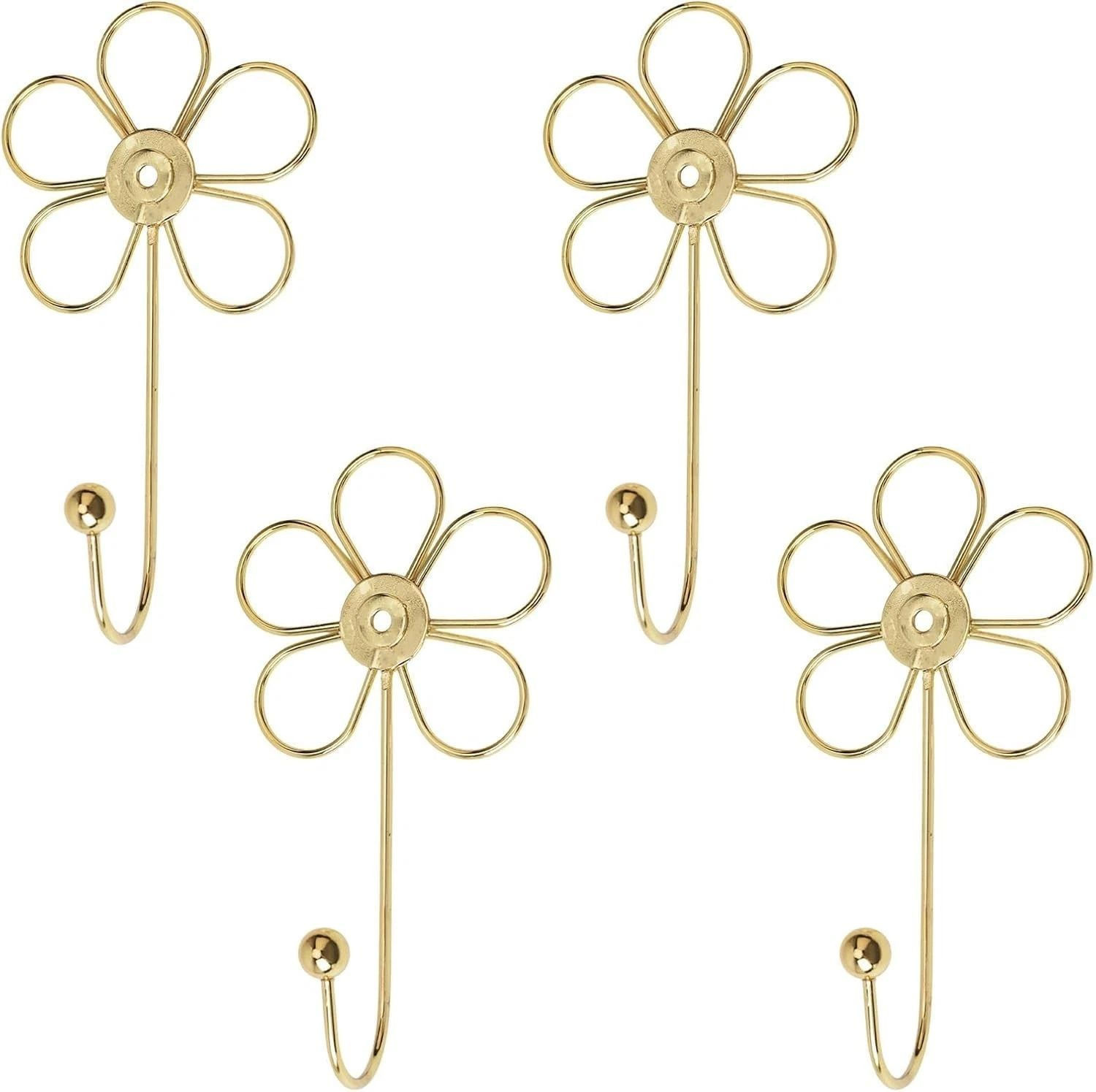 Flower Decorative Wall Hooks, 4 pcs Golden Flower-Shaped Single Hook
