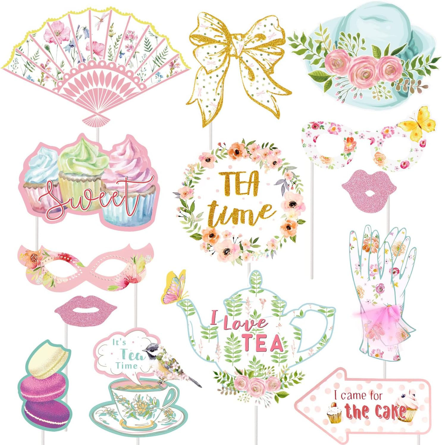 14 Pcs Tea Party Decorations Hen Party Photo Booth Props Floral Themed Birthday