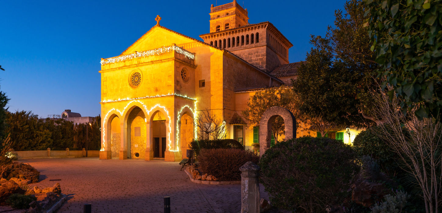 The church in Ariany, Mallorca, lit up at night.