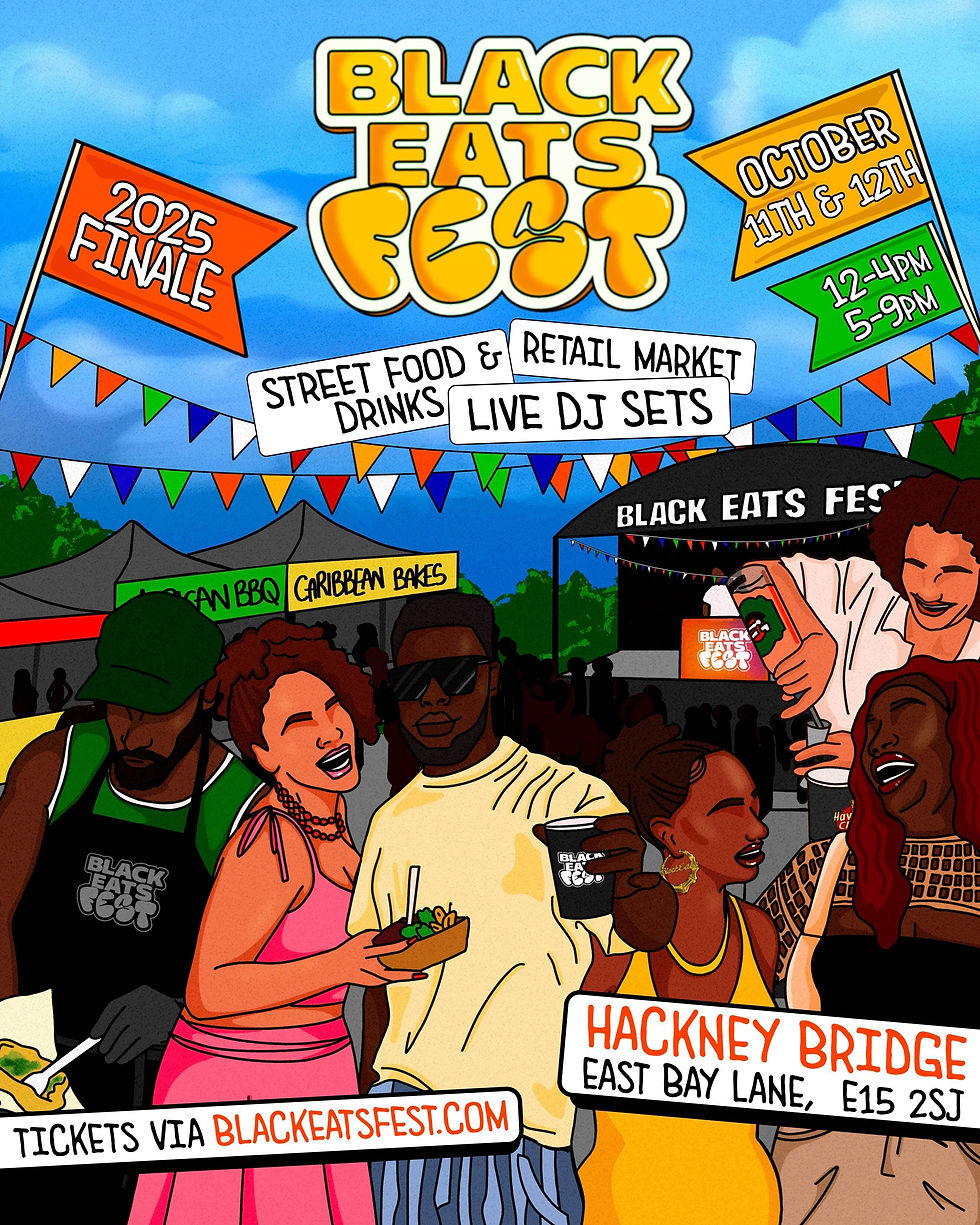 A cartoon poster of people having fun with the text Black Eats Fest