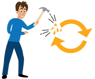A man breking a repeat symbol with a hammer