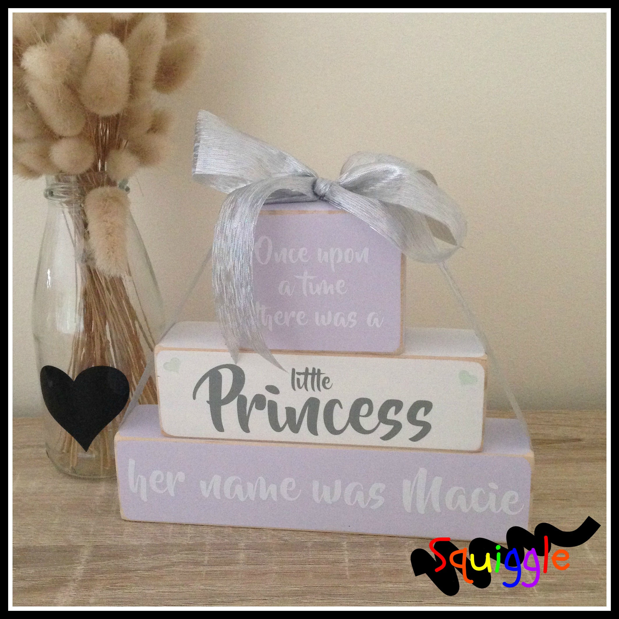 Once upon a time personalised wooden block set - purple white handmade by Squiggle Art