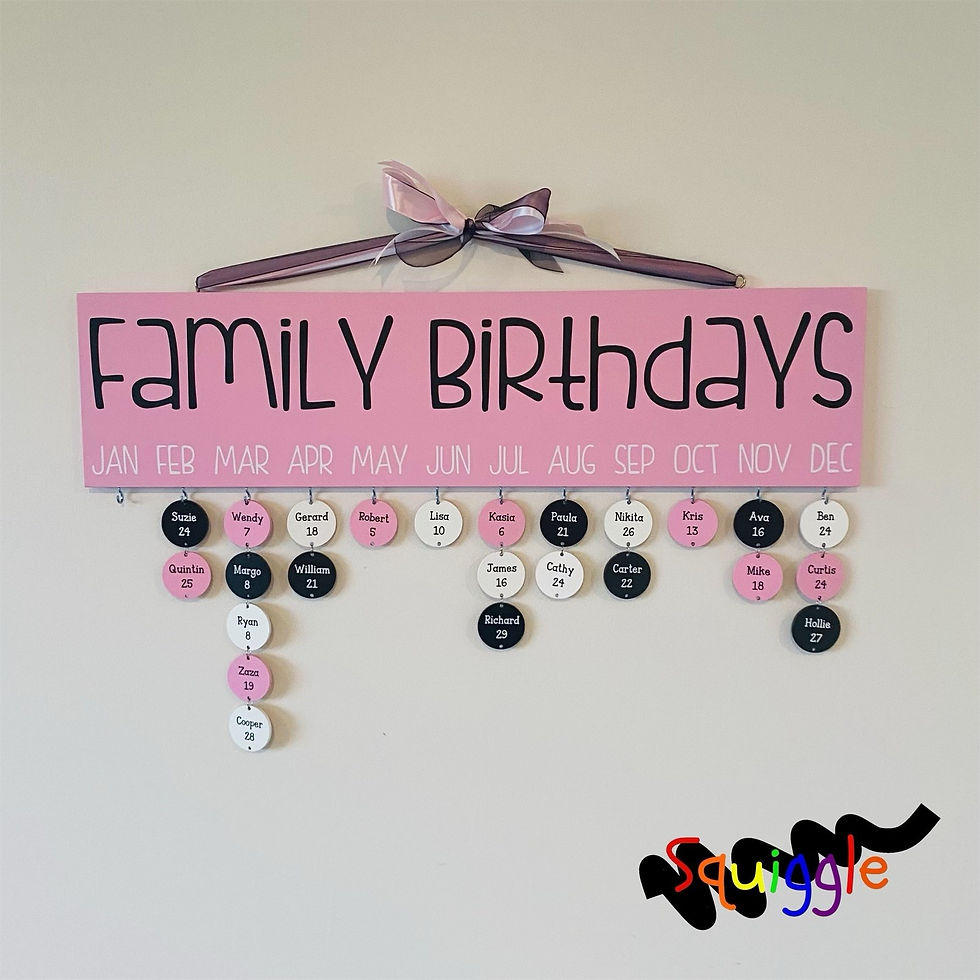 Thumbnail: Personalised Family Birthday Calendar handmade by Squiggle Art - pink