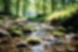 Fluss mit vielen Steinen im idylischen Wald bei Sonnenschein