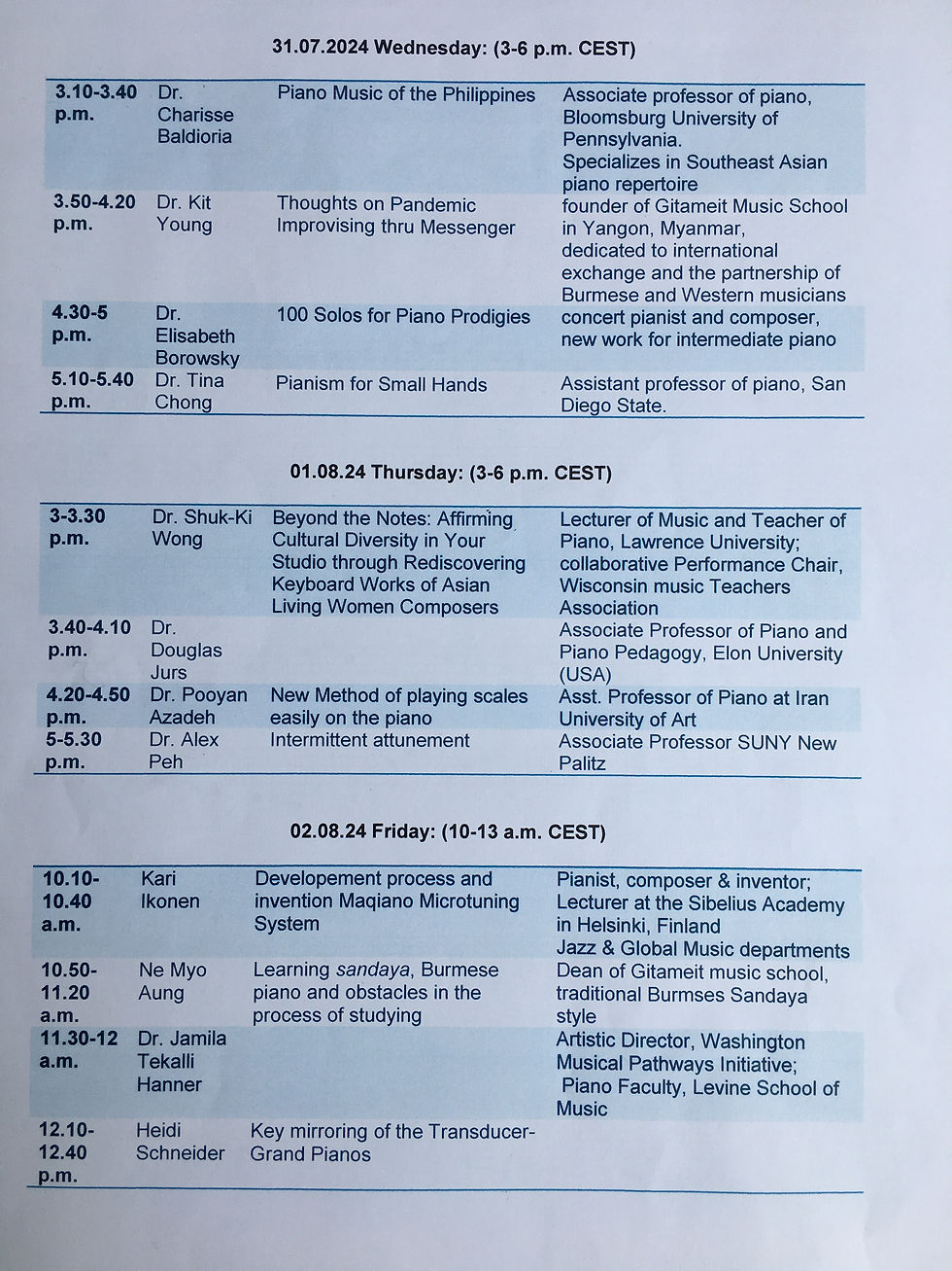 Programme of the Digital Workshop: Intercultural Piano Pedagogy Project 2024