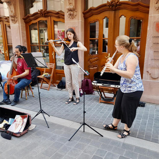 Left-handed street music with violin, flute, viola da gamba, cello