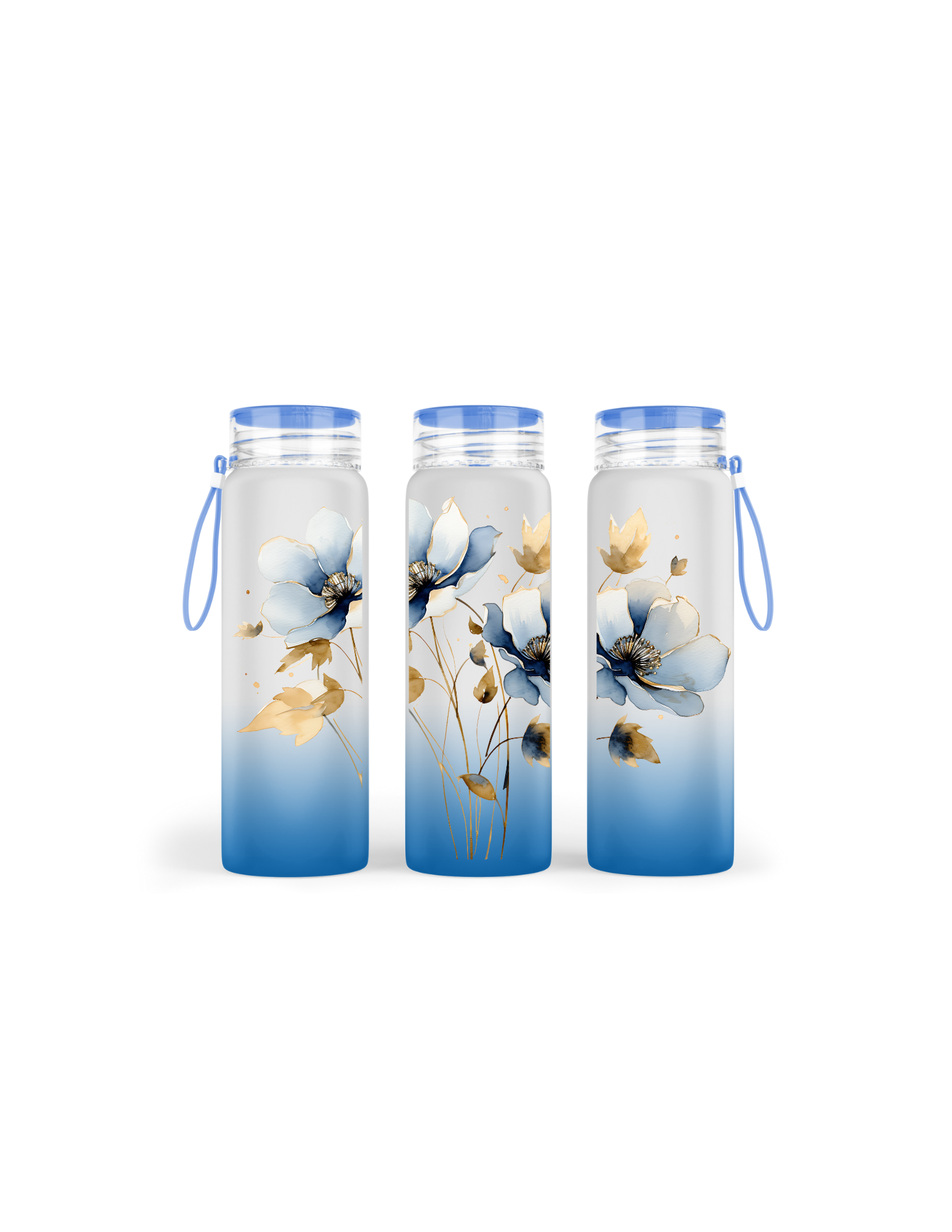 Blue/Gold Flower Ombre Glass Water bottle