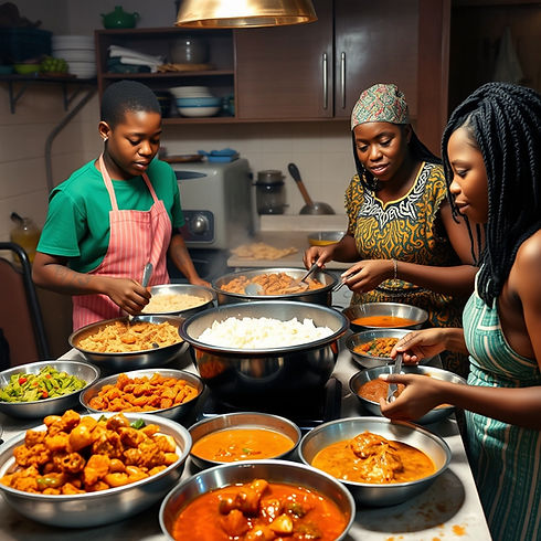 an array of nigerian foods cooked in the kitchen, including amala in a group setting with