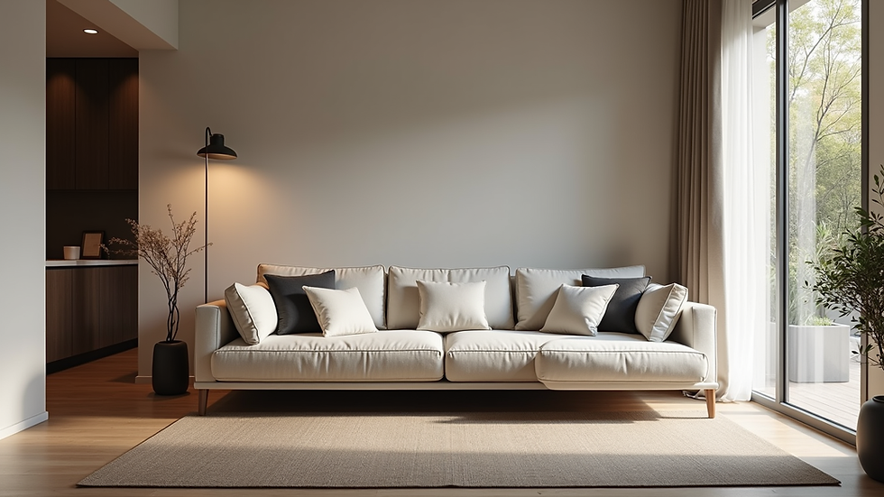 Eye-level view of a modern retractable sofa in a cozy living room