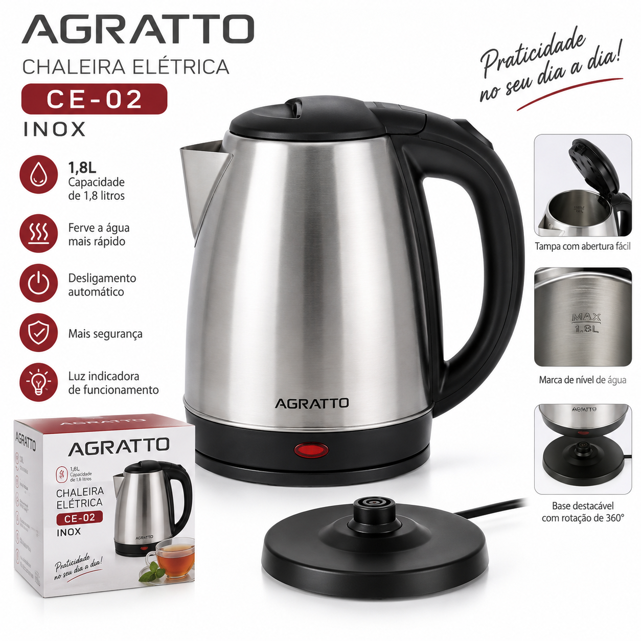 Chaleira Elétrica Agratto CE02 Prata Em Aço Inox 220V