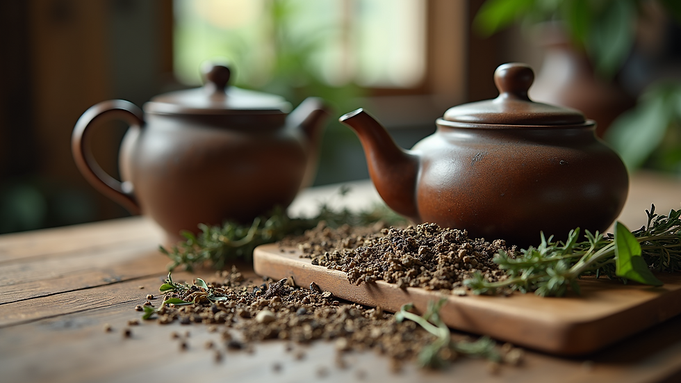 Eye-level view of a rustic wooden table with assorted dried herbs and a teapot