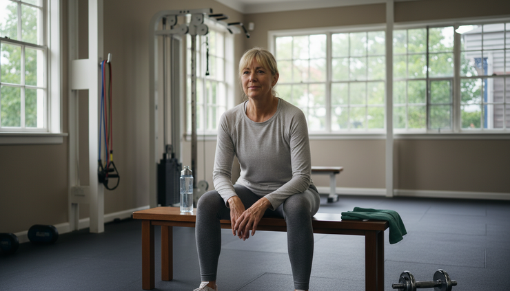 Eye-level view of an older adult resting between strength exercises with a water bottle nearby.