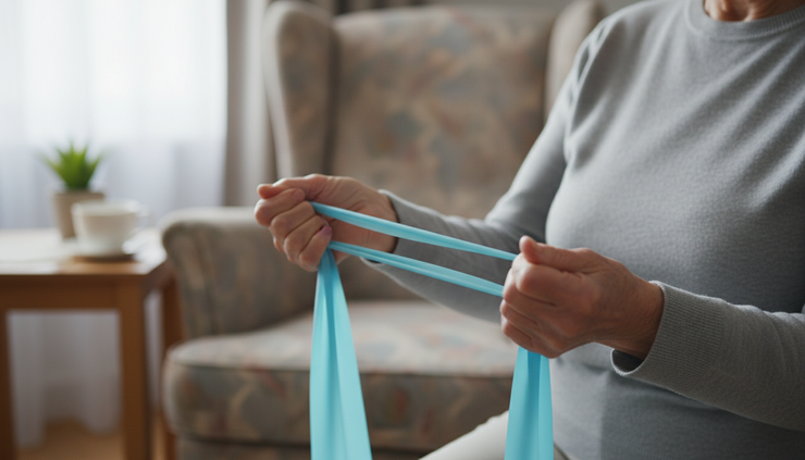 Close-up view of hands holding a light resistance band during a supervised home exercise