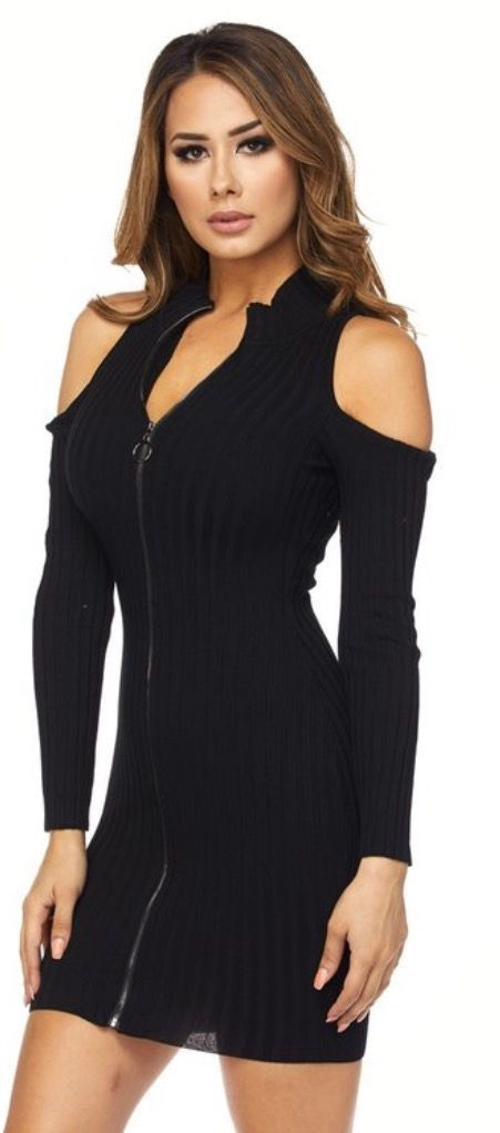 Thumbnail: Ribbed Open Shoulder Zip Dress