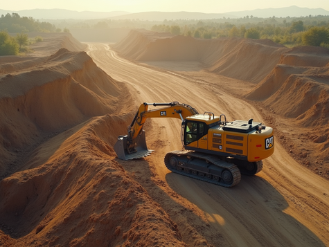 High angle view of a construction site with earthmoving equipment preparing land