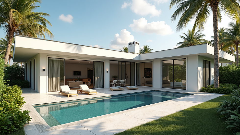 Wide angle view of a modern Gulf Breeze home with a spacious backyard