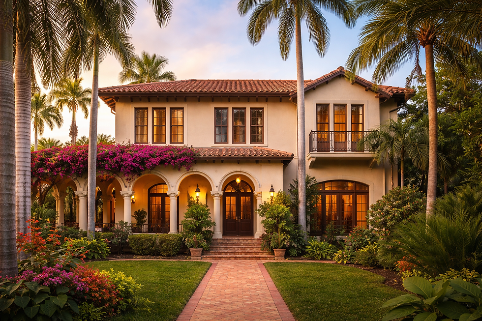 Historic Sarasota home with Mediterranean Revival architecture, red tile roof, palm trees, and tropical landscaping
