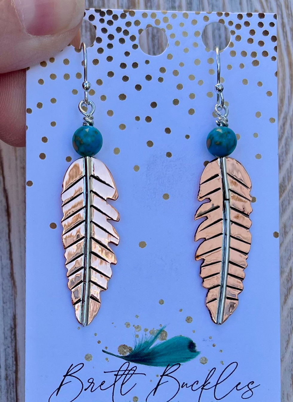 Thumbnail: Copper Feather w/ Turquoise Bead Earring - Large