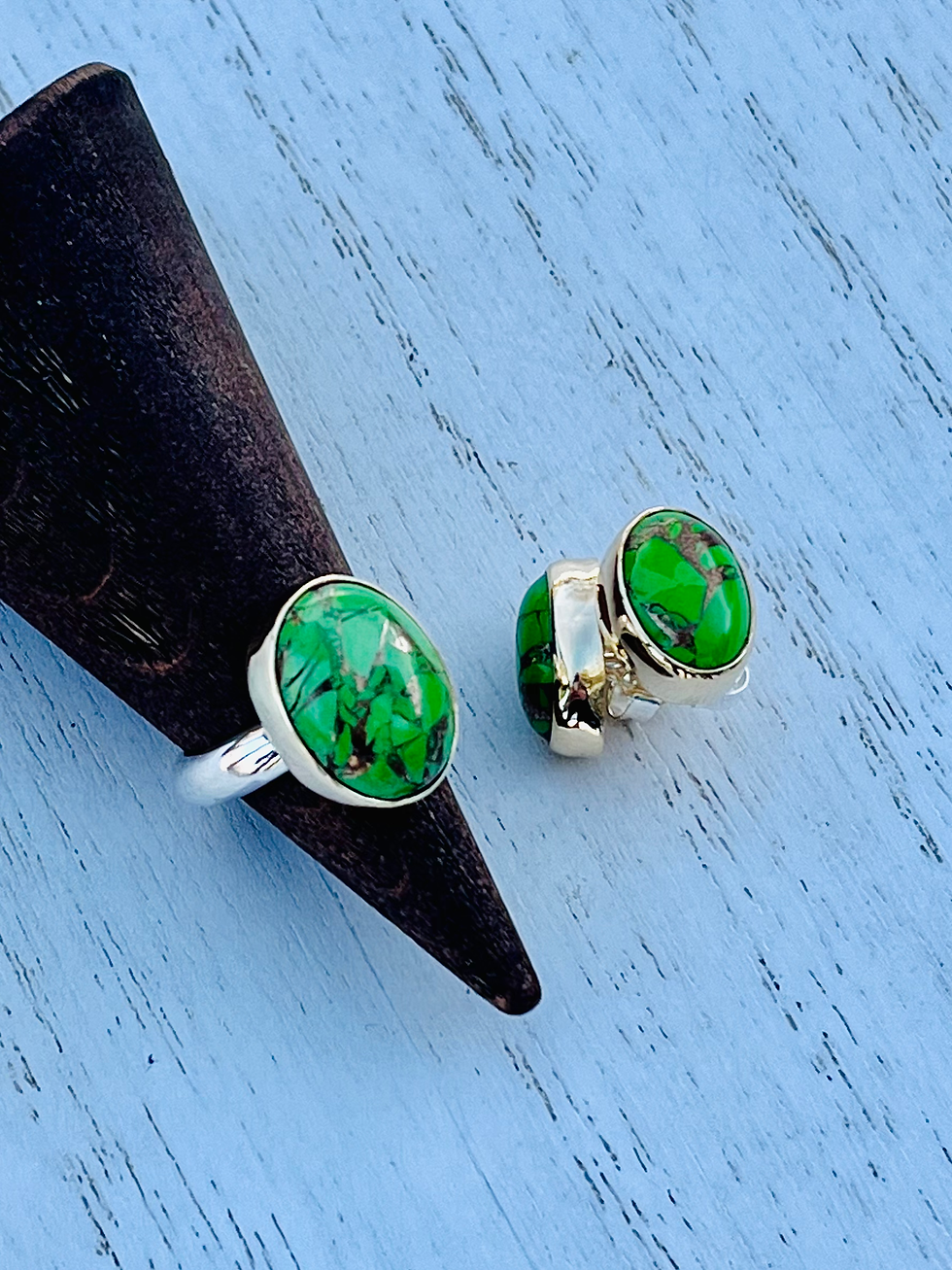 Thumbnail: Turquoise and Brass “Golden Grass” Stud Earrings - Oval
