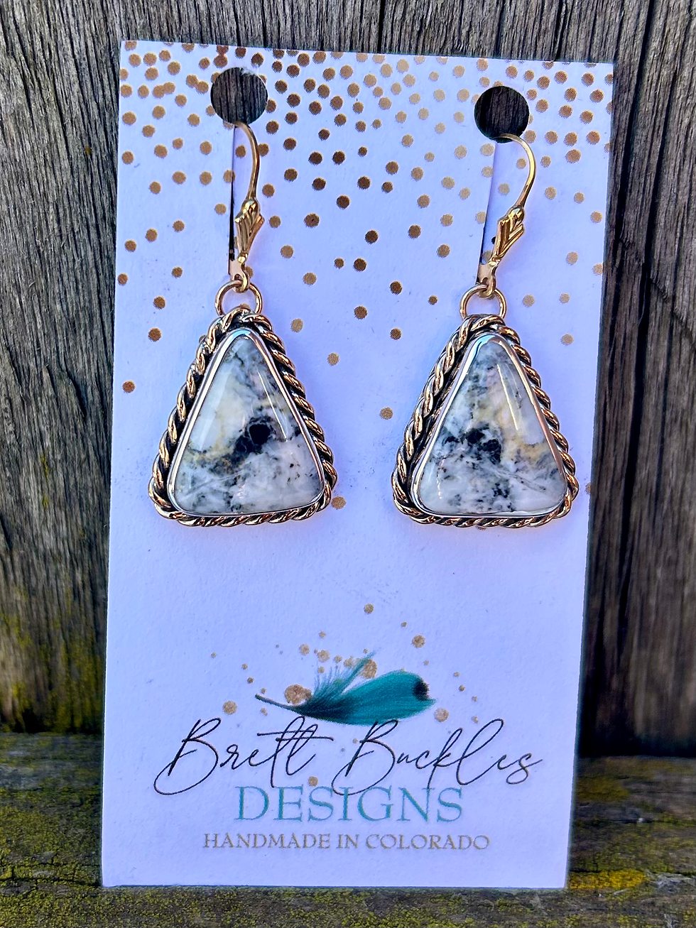 Thumbnail: White Buffalo Turquoise, Sterling Silver and 14ky Gold Fill Dangle Earrings