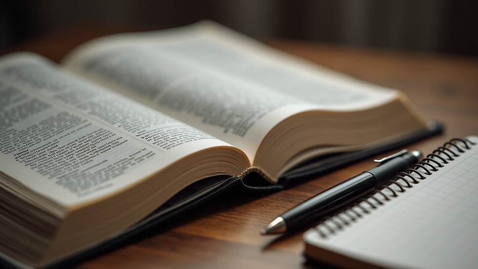 Close-up view of an open Bible with a pen and notebook beside it