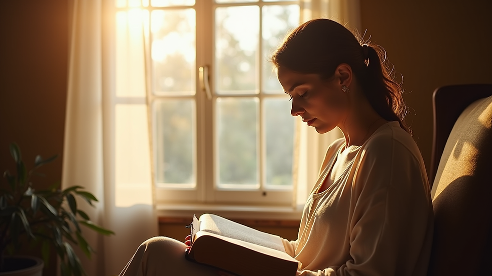 Eye-level view of a woman reading a Bible by a window with soft morning light