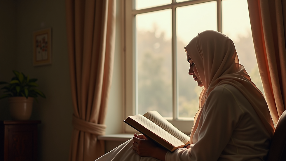 Eye-level view of a woman reading a devotional book by a window