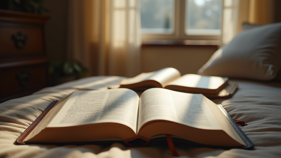 Eye-level view of a cozy reading nook with a Bible and journal