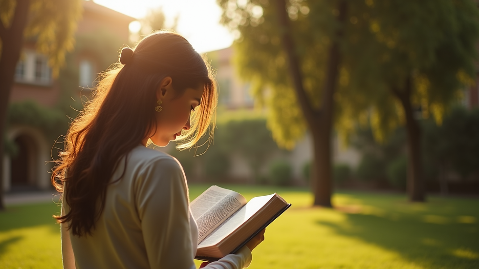 Plano medio de una mujer leyendo la Biblia en un jardín soleado