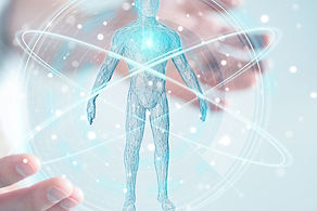 Businessman on blurred background using digital x-ray human body scan interface 3D renderi