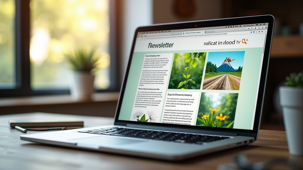 Close-up view of a laptop screen displaying a colorful newsletter template with nature-themed graphics
